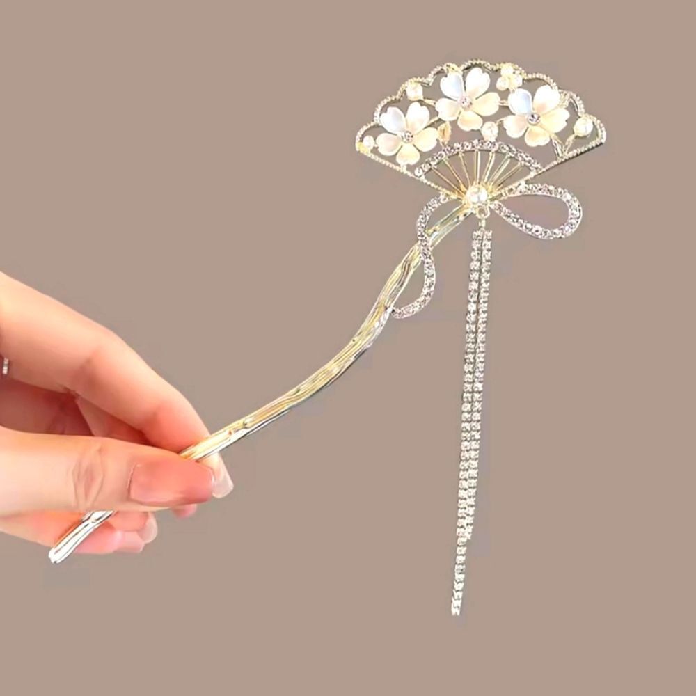 Brand New Gold Tone Fan Flower Rhinestone Pearl Hair Pin